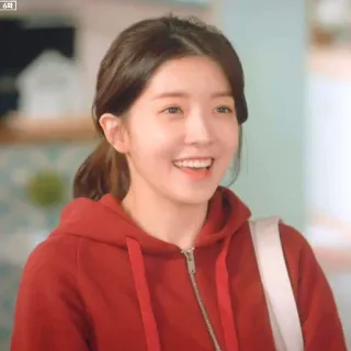 😁 50ca0c01 6회 Person, Frau, lächelnd, roter Hoodie, Porträt whatsapp sticker