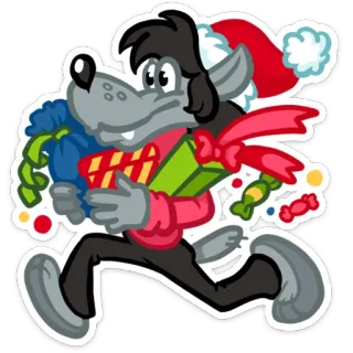 🎁 334a98be wolf, cartoon, christmas, gifts, running, new year, holiday whatsapp sticker