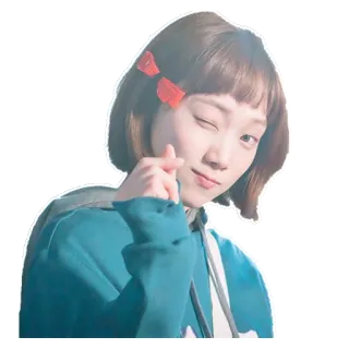 ❤️ de5ec6b2 zwinkern, frau, rote schleife, türkis jacke, fingerherz, koreanisch, süß whatsapp sticker