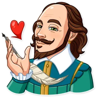 😘 0c516f47 William Shakespeare William Shakespeare, dramaturgo, autor, literatura, corazón, pluma, plumilla, dibujo animado telegram sticker