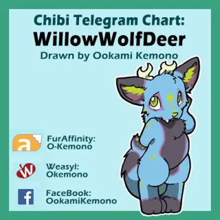 ✍ 1813e984 WillowWolfDeer Chibi Telegram Chart:
WillowWolfDeer
Drawn by Ookami Kemono
FurAffinity:
O-Kemono
Weasyl:
Okemono
FaceBook:
OokamiKemono Chibi, Telegram, Furry, Lobo, Veado, Ficha de personagem telegram sticker