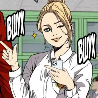 🌟 f01106c8 BUYYX nháy mắt, hoạt hình, phụ nữ, tóc vàng, lấp lánh, bắn súng ngón tay telegram sticker