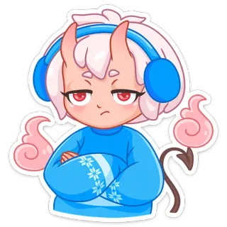 😒 6b6044f1 动漫, 恶魔, 耳机, 卡通, 粉色, 蓝色, 恶魔, 角色 telegram sticker