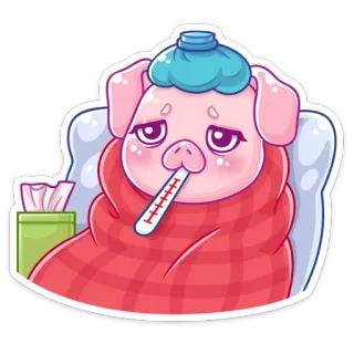 🤒 657381de 豚, 病気, 病気, 体温計, ベッド, インフルエンザ, 漫画 telegram sticker