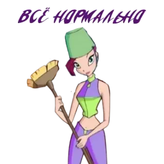 👌 ac6d9714 ВСЁ НОРМАЛЬНО cartoon, cleaning, woman, broom, purple, green, normal, russian telegram sticker