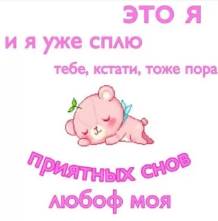 😴 d3b0c8d2 это я
и я уже сплю
тебе, кстати, тоже пора
приятных CHOB
любоф моя 睡觉, 可爱, 熊, 晚安, 俄语, 卡通, 暖心 telegram sticker