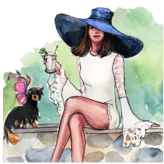 😚 491c4ffe mulher, chapéu, cocktail, cachorro, moda, ilustração, aquarela telegram sticker