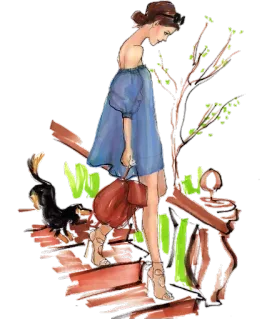 😄 f4a70abe moda, mulher, cachorro, vestido, arte, ilustração, escada, estilo telegram sticker