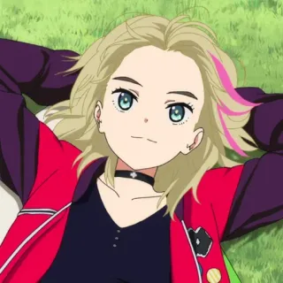 😌 50ce395b anime girl, blonde hair, pink highlight, cartoon character, choker, laying down, portrait, smiling telegram sticker