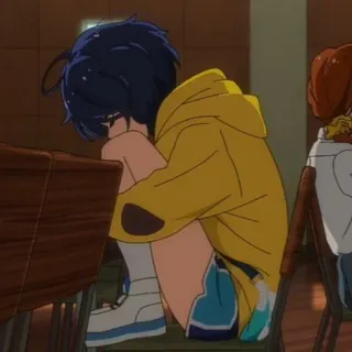 😞 fa163b14 anime, girl, teen, sad, crying, yellow hoodie, blue hair telegram sticker