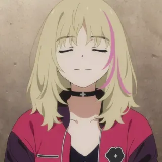 😌 ff49ad06 anime, girl, character, blond hair, pink, eyes closed, choker, jacket telegram sticker