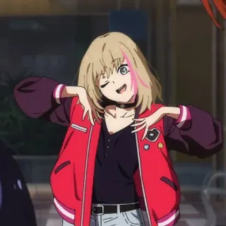 ☺️ 3b881764 Anime, Cartoon, blonde Haare, Zwinkern, rote Jacke, weiblich telegram sticker