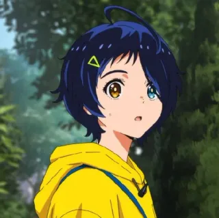 😅 4ccaf447 Ai Ohto Wonder Egg Priority Anime, Mädchen, blaue Haare, Heterochromie, gelber Hoodie, Wonder Egg Priority telegram sticker