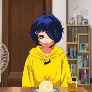 😒 73895c32 Anime, Mädchen, Gelber Hoodie, Blaue Haare, Slice of Life, Charakter, Illustration telegram sticker