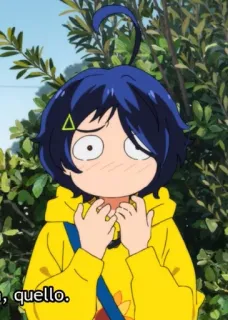 😳 a7715469 quello Anime, Cartoon, Porträt, Figur, Gelber Hoodie, Blaue Haare telegram sticker