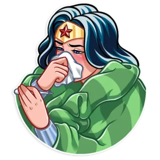🤒 c67d1ac7 Wonder Woman 神奇女侠, 超级英雄, 生病, 感冒, 流感, 纸巾, 卡通, 角色 telegram sticker