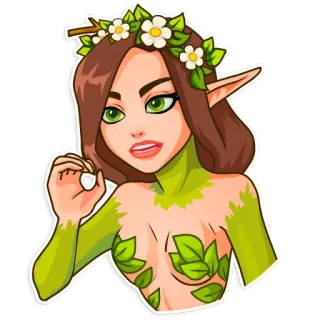 🙅 2c6ad5a7 elfe, fantasie, frau, blätter, natur, wald, grün, cartoon telegram sticker