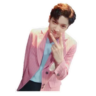 😃 72de8b60 человек, розовый костюм, знак мира, K-pop, мужчина, азиат, мода whatsapp sticker