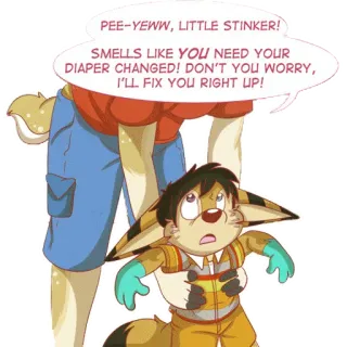 😫 474f8641 PEE-YEWW, LITTLE STINKER!
SMELLS LIKE YOU NEED YOUR
DIAPER CHANGED! DON'T YOU WORRY,
I'LL FIX YOU RIGHT UP! 만화, 기저귀, 동물, 퍼리, 웃긴, 귀여운 telegram sticker