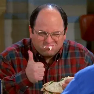 👍 05a29055 George Costanza Seinfeld televisione, commedia, personaggio, pollice in su, mangiare telegram sticker