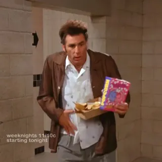 😯 5b5c1baf Kramer Seinfeld weeknights 11/10c starting tonight Kramer, Seinfeld, popcorn, commedia, serie TV, anni '90 telegram sticker