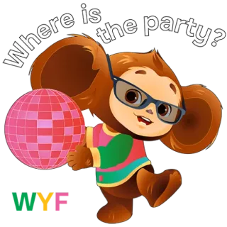 🤩 d9fdbbce Where is the party? WYF festa, scimmia, palla da discoteca, domanda, celebrazione telegram sticker
