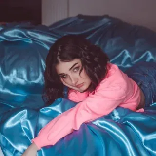 🤍 228dfab9 woman, person, blue, bed, portrait, brunette whatsapp sticker