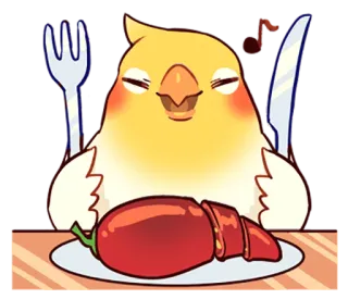 🌶 19fb5bdb pássaro, calopsita, pimentão, comendo, garfo, faca, mesa telegram sticker