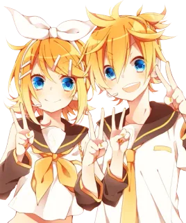 ✌ e86b7bb5 Rin and Len Kagamine Anime, Vocaloid, Tweelingen, Vredesteken, Kawaii telegram sticker