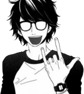 😆 0a75bd02 anime, manga, cartoon, character, glasses, hand gesture, rock on, pose whatsapp sticker