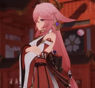 🌟 d094fab3 Yae Miko Genshin Impact yae miko, genshin impact, anime, videogioco, capelli rosa, volpe, personaggio whatsapp sticker