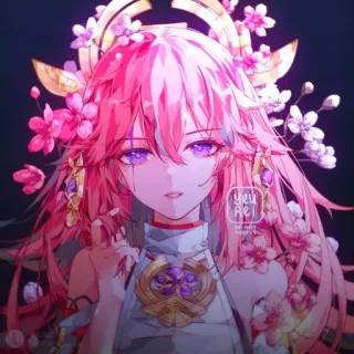 🔮 180645b3 Yae Miko Genshin Impact аниме, розовые волосы, видеоигра, девушка, сакура, лиса telegram sticker