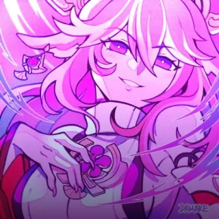 🔮 8bebd91f Yae Miko Genshin Impact аниме, розовые волосы, лиса, игра, фиолетовые глаза telegram sticker