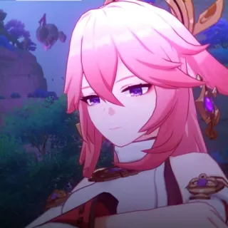 🔮 b31543cc Yae Miko Genshin Impact Аниме, Видеоигра, Лиса, Розовые волосы, Фиолетовые глаза, Genshin telegram sticker
