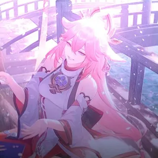 🔮 b4763564 Yae Miko Genshin Impact Аниме, Видеоигра, Розовые волосы, Лиса, Кицунэ, Улыбается telegram sticker