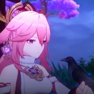 🔮 d80121d9 Yae Miko Genshin Impact Аниме, Видеоигра, Розовые волосы, Лиса, Ворон telegram sticker