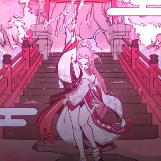 🔮 daa102a1 Yae Miko Genshin Impact Аниме, Лиса, Кицунэ, Розовые волосы, Сакура, Genshin Impact telegram sticker