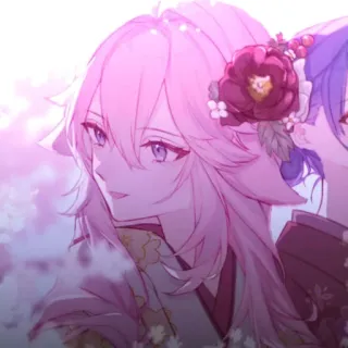 🔮 e58811ee аниме, розовые волосы, женщина, лисьи уши, цветок, кимоно telegram sticker