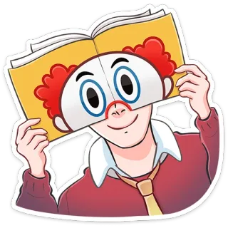 🤡 ac9fb7b8 clown, mask, book, reading, cartoon, character, illustration telegram sticker