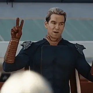 😍 53e355c2 Homelander The Boys Homelander, The Boys, superhero, penjahat, tanda V, seragam militer, kekerasan whatsapp sticker