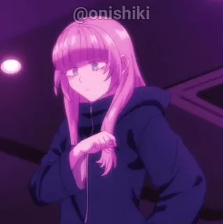 🤔 c77b0208 @onishiki Anime, Roze haar, Vrouwelijk personage, Hoodie telegram sticker