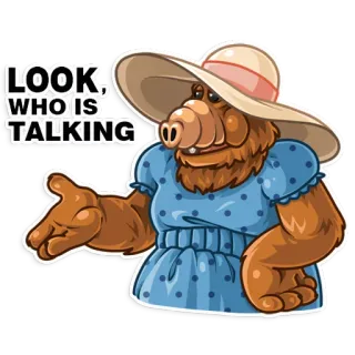 🤨 0dbaf76f Alf ALF LOOK, WHO IS TALKING инопланетянин, мелмак, марионетка, ситком, телешоу, 80-е, смешной, милый telegram sticker