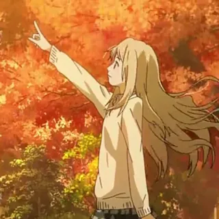 ✨ 61c2a885 动漫, 金发, 角色, 女孩, 秋天, 树木, 秋天, 指着 whatsapp sticker