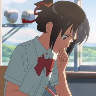 🍣 eccc8352 Miyamizu Mitsuha Your Name Anime, Dziewczyna, Mundur szkolny, Zmartwiona, Zamyślona, Myśląca telegram sticker