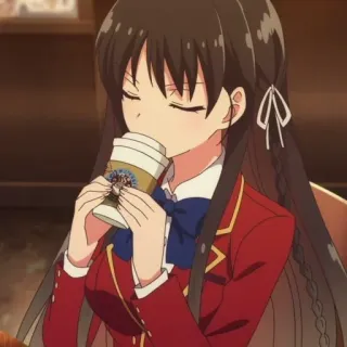 💈 8d71b45f Аниме девушка, Кофе, Школьная форма, Пьёт, Мультфильм, Напиток telegram sticker