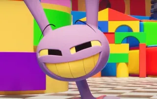 😒 b49ee258 kartun, karakter, ungu, senyum, wajah, balok, mainan telegram sticker