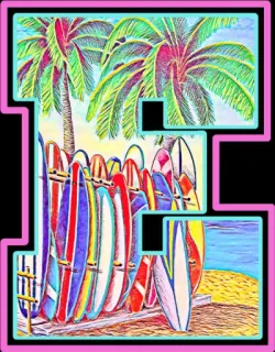 😎 d3f65e9c Tablas de surf, Playa, Tropical, Palmeras, Océano, Verano, Vacaciones, Letra E whatsapp sticker