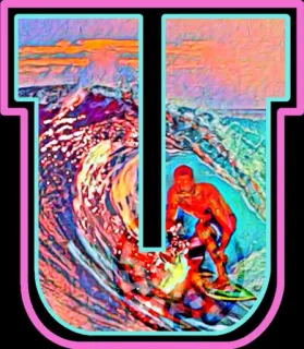 😎 e41b58e1 surf, ola, océano, letra U, tropical, deporte acuático, playa, mar whatsapp sticker