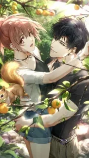 🍁 e10c5cf2 pareja, romance, estilo anime, abrazo, árboles, ardilla, afecto whatsapp sticker