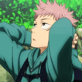 🍷 230ea43a Yuji Itadori Jujutsu Kaisen anime, character, yuji itadori, jujutsu kaisen, green hoodie, looking up, pink hair telegram sticker